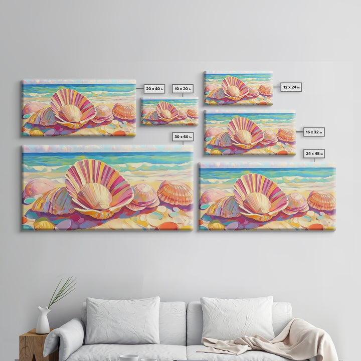 Pink Seashells On Sandy Beach Canvas Print, Coastal Wall Art, Beach House Decor, Ocean Wall Decor, Summer Gift For Her, Bathroom Decor