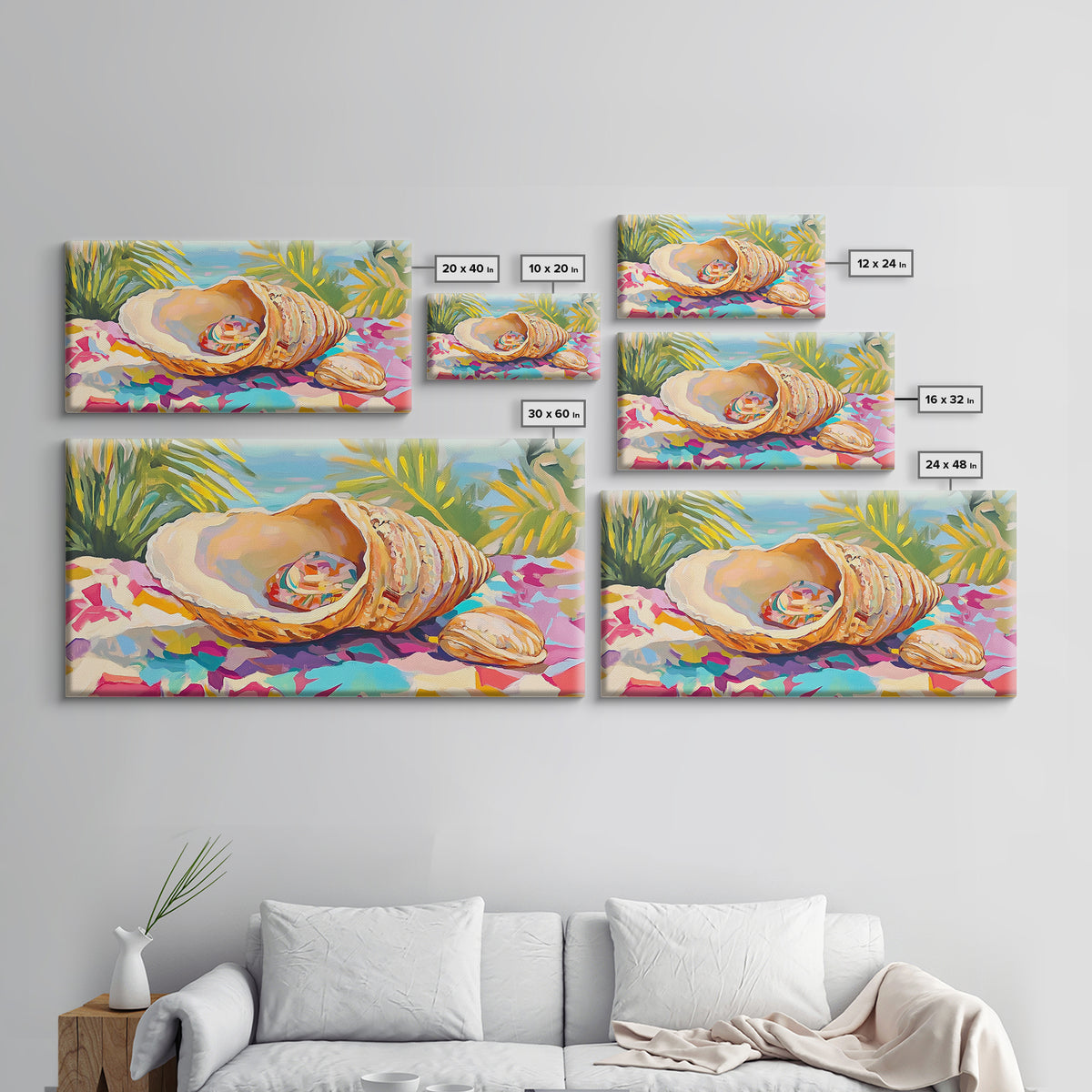 Colorful Seashell On Tropical Table Wall Art, Coastal Beach House Decor, Ocean Shell Canvas Print, Summer Nautical Gift Idea
