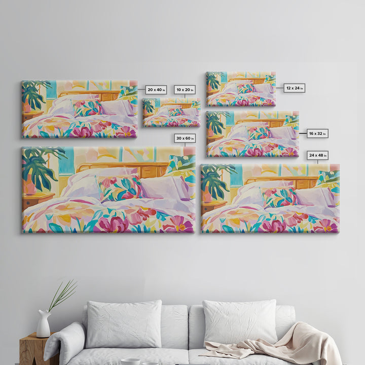 Bright Floral Bedding In Sunlit Bedroom Wall Art, Cozy Master Bedroom Decor, Tropical Canvas Print, Above Bed Gift For Her