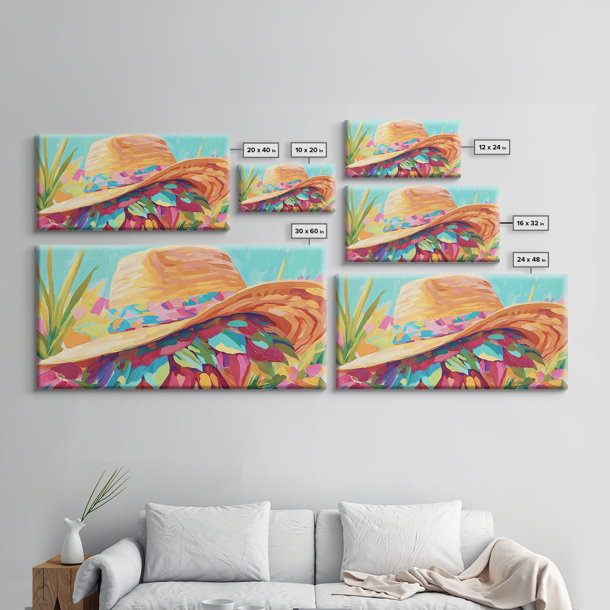 Sunlit Straw Hat With Floral Scarf Canvas Print, Coastal Cowgirl Wall Art, Summer Fashion Decor, Boho Home Decor, Gift For Her