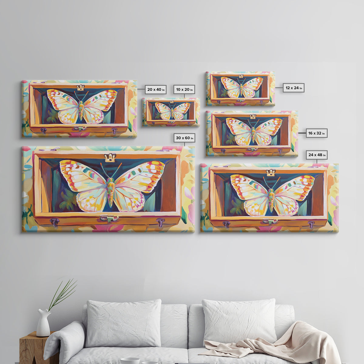 White Butterfly In Wooden Case Framed Canvas Print, Whimsical Animal Wall Art, Nature Inspired Art, Colorful Home Decor Gift