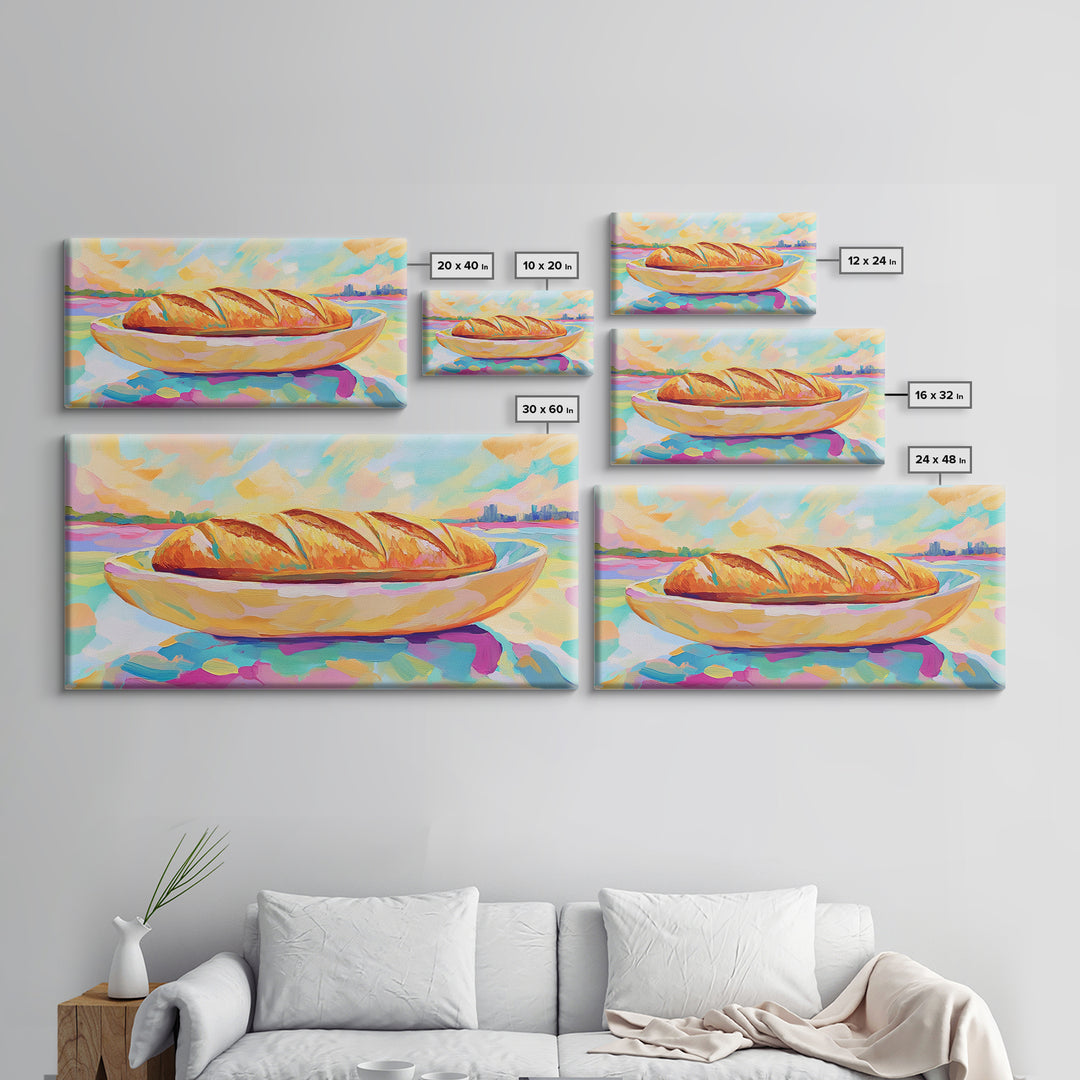 Golden Croissant On Coastal Plate Canvas Print, French Bakery Kitchen Wall Art, Beach House Decor, Cafe Poster, Food Lover Gift