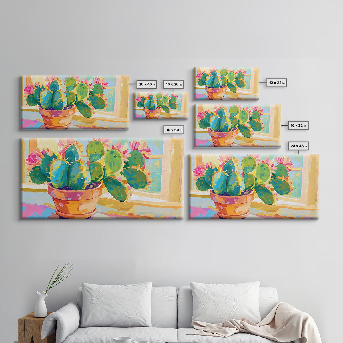 Blooming Prickly Pear Cactus Framed Canvas Print, Colorful Botanical Wall Art, Sunny Window Plant Lover Gift, Boho Home Decor