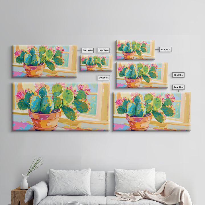 Blooming Prickly Pear Cactus Framed Canvas Print, Colorful Botanical Wall Art, Sunny Window Plant Lover Gift, Boho Home Decor