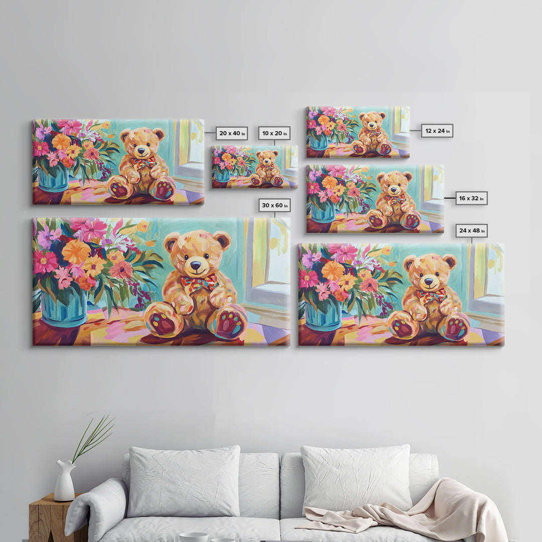 Sweet Teddy Bear With Flower Bouquet Wall Art, Colorful Nursery Decor, Kids Room Art Print, Baby Shower Housewarming Gift