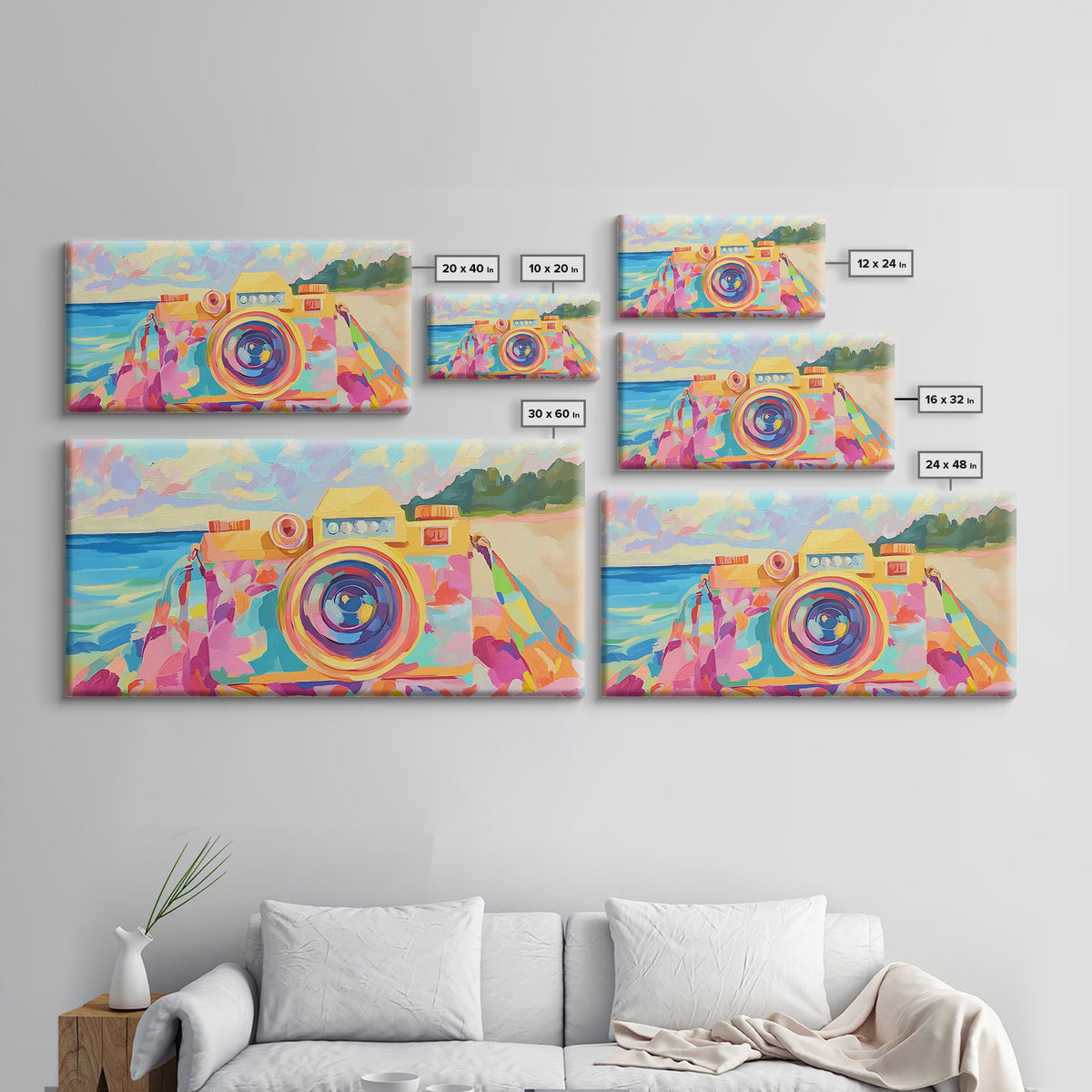 Retro Floral Camera On Sunny Beach Towel Canvas Print, Coastal Wall Art, Photography Decor, Dopamine Decor, Gift For Her