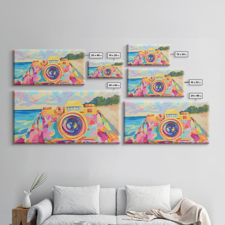 Retro Floral Camera On Sunny Beach Towel Canvas Print, Coastal Wall Art, Photography Decor, Dopamine Decor, Gift For Her