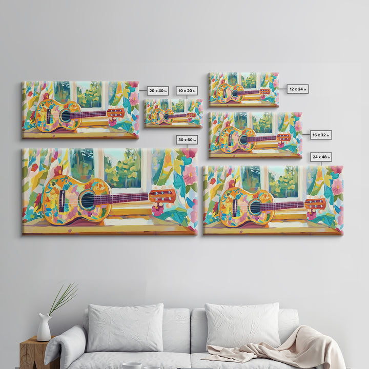 Painted Ukulele By Sunny Window Framed Canvas Print, Music Room Decor, Tropical Wall Art, Boho Home Decor, Gift For Music Lover