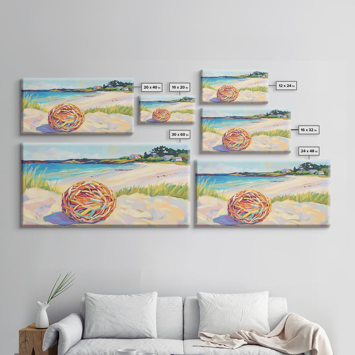 Woven Beach Ball On Sandy Shore Wall Art, Coastal Seascape Canvas, Beach House Decor, Summer Ocean Landscape Print Gift For Her