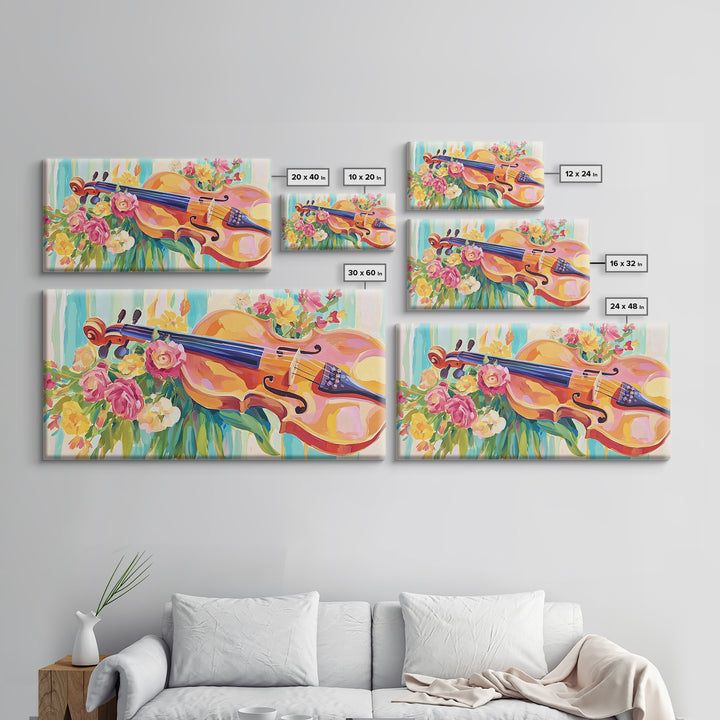 Romantic Violin With Garden Flowers Framed Canvas Print, Music Room Decor, Floral Wall Art, Gift For Music Lover, Elegant Fine Art Print