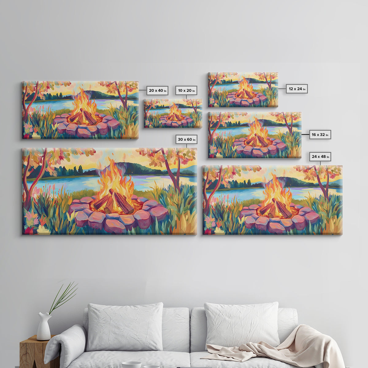 Lakeside Campfire At Sunset Framed Canvas Print, Cozy Cabin Wall Art, Rustic Home Decor, Nature Landscape Gift, Lake House Decor