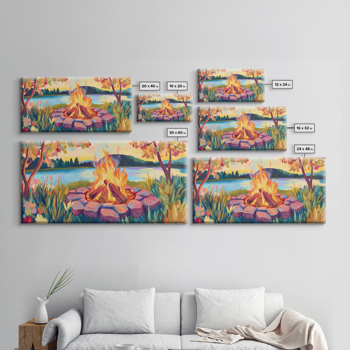 Lakeside Campfire At Sunset Framed Canvas Print, Cozy Cabin Wall Art, Rustic Home Decor, Nature Landscape Gift, Lake House Decor