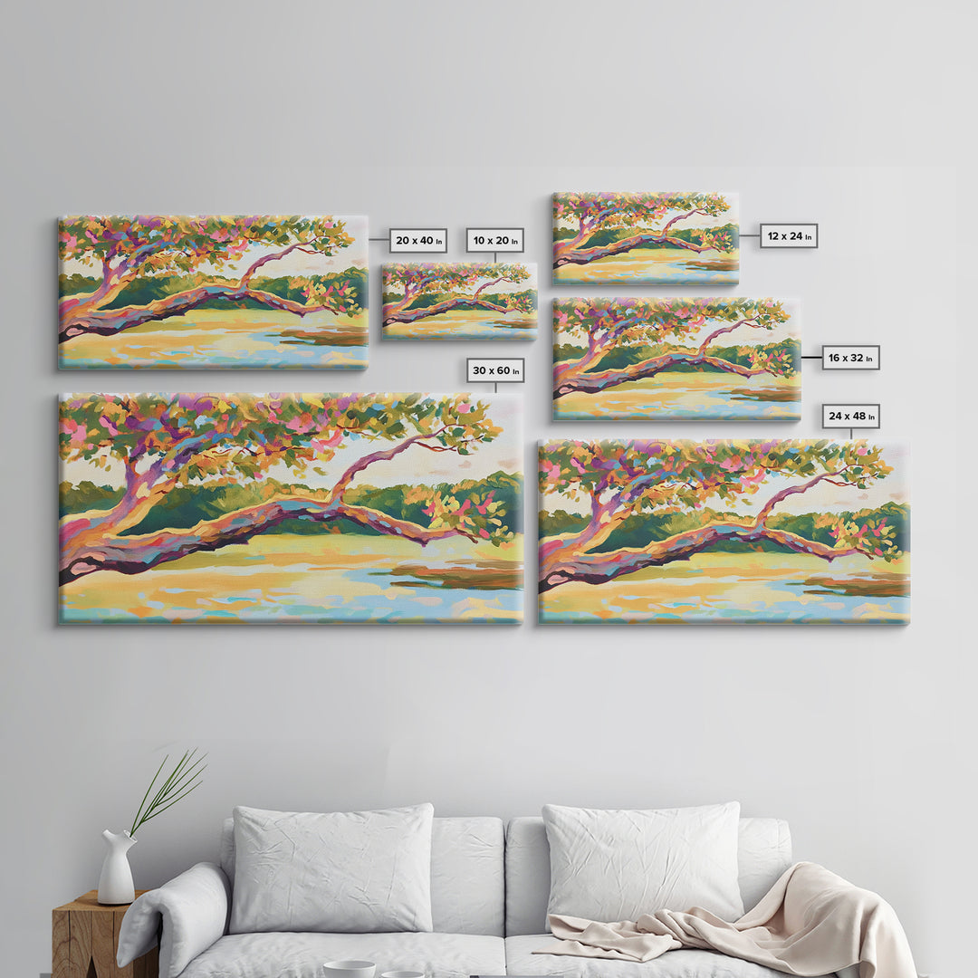 Colorful Lakeside Tree Wall Art, Vibrant Landscape Painting, Nature Canvas Wall Art, Living Room Decor, Housewarming Gift