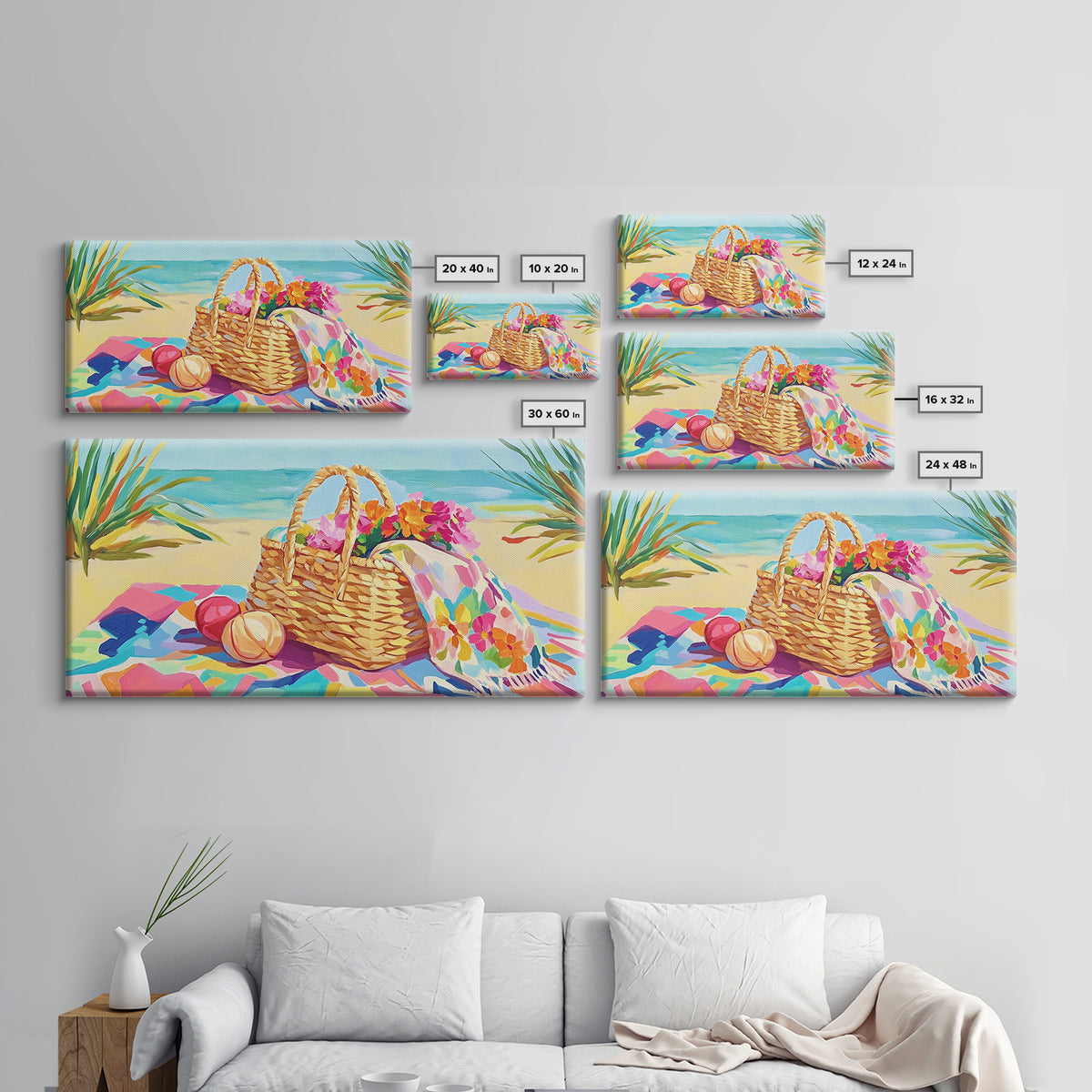 Beach Picnic Basket With Flowers Wall Art, Coastal Canvas Print For Beach House Decor, Summer Living Room Decor, Gift For Her