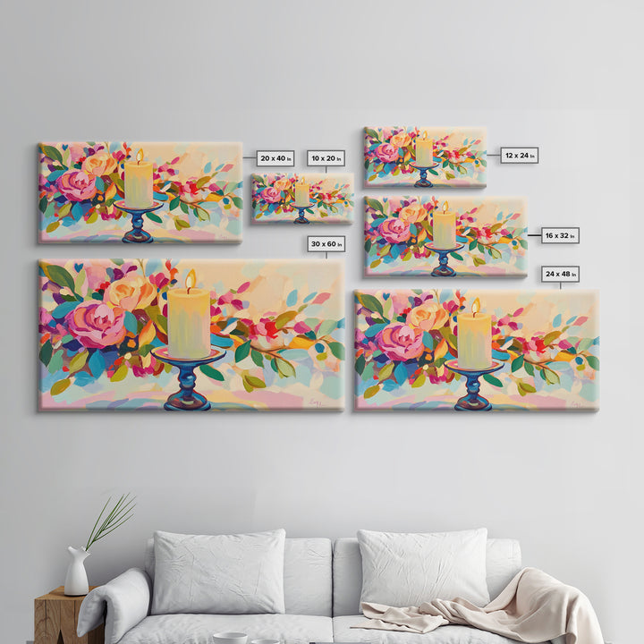 Lit Candle Among Lush Flowers Wall Art, Romantic Floral Framed Canvas Print For Bedroom Decor, Spa Decor, Gift For Her, Home Decor