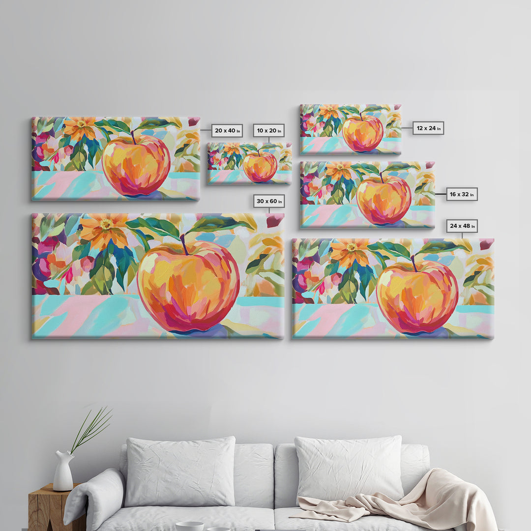 Single Apple With Bold Flowers Canvas Print, Colorful Kitchen Wall Art, Fruit Still Life, Botanical Decor, Housewarming Gift