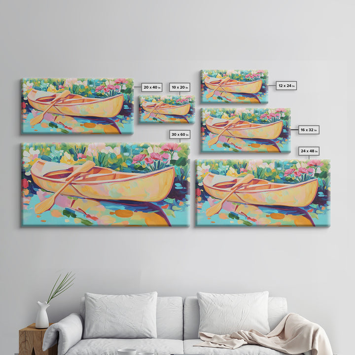 Yellow Canoe With Paddle In Floral Water Canvas Print, Coastal Wall Art, Lake House Decor, Boho Landscape, Housewarming Gift