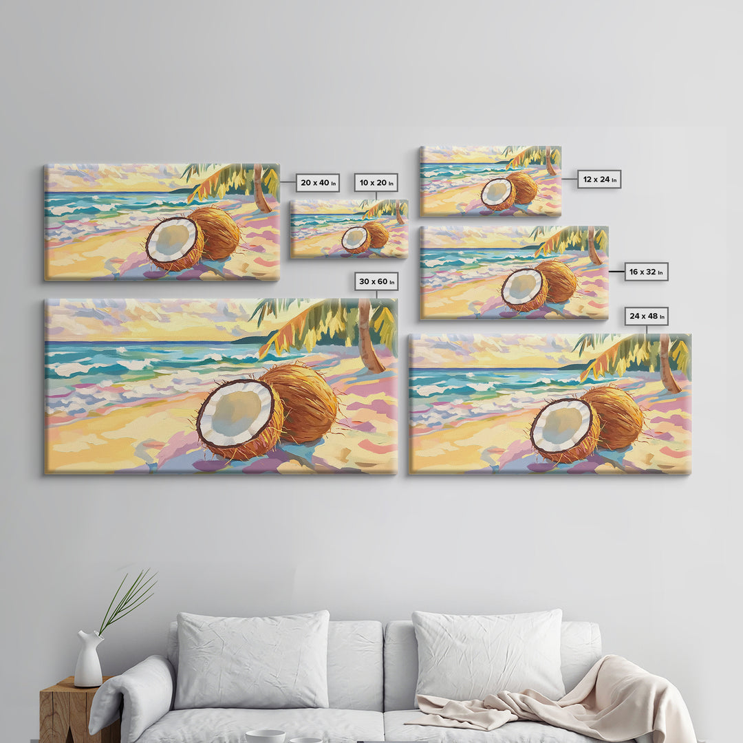 Tropical Coconut Beach Scene Canvas Print, Coastal Wall Art, Ocean Decor, Beach House Decor, Summer Kitchen Art, Gift For Her
