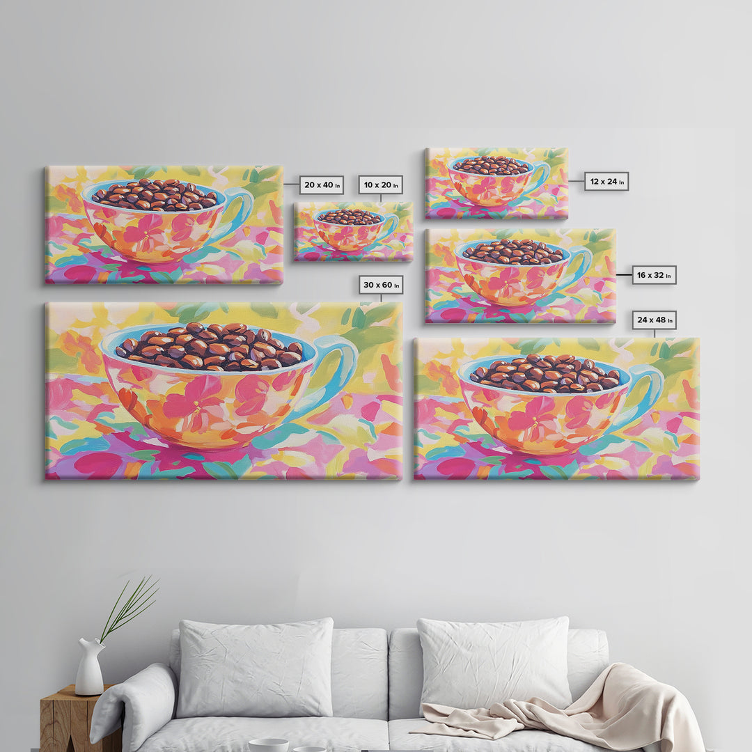 Floral Teacup With Coffee Beans Canvas Print, Coffee Bar Wall Art, Kitchen Decor, Cafe Art, Coffee Lover Gift, Home Decor