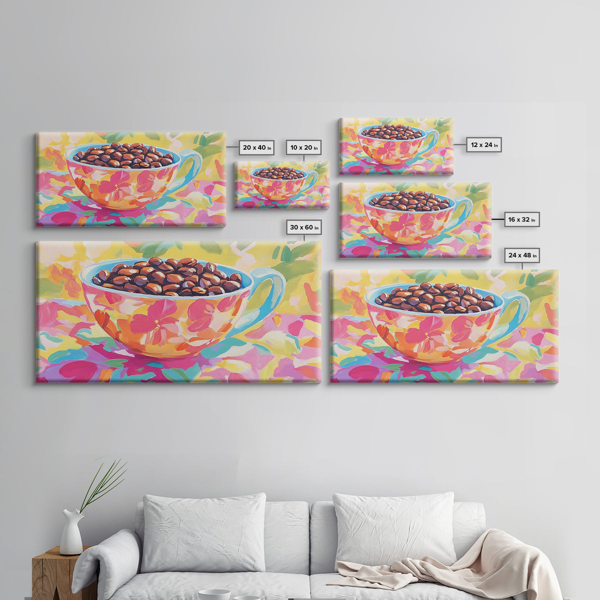 Floral Teacup With Coffee Beans Canvas Print, Coffee Bar Wall Art, Kitchen Decor, Cafe Art, Coffee Lover Gift, Home Decor