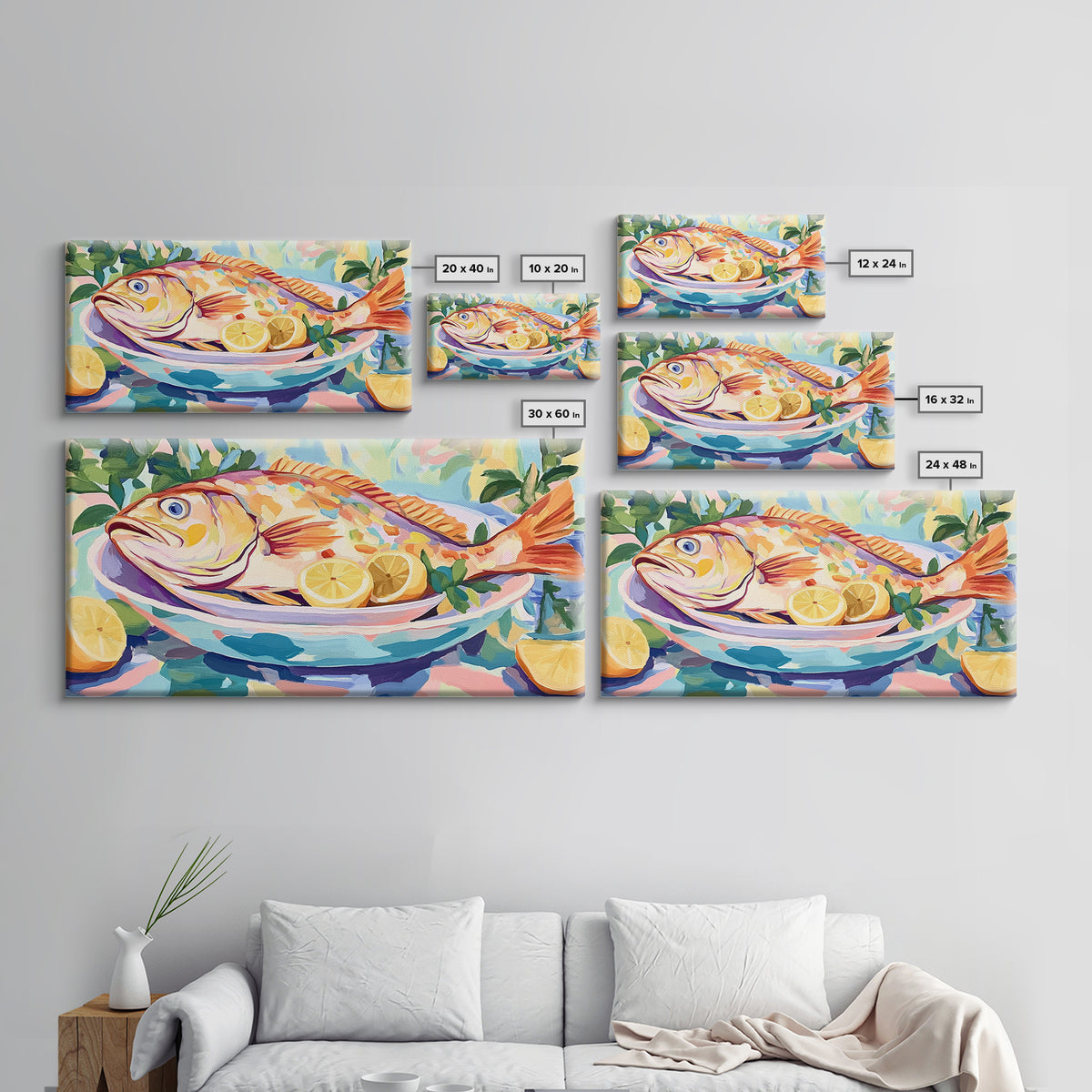 Whole Fish With Lemons On Platter Canvas Print, Coastal Kitchen Wall Art, Seafood Wall Decor, Nautical Home Decor Gift Idea