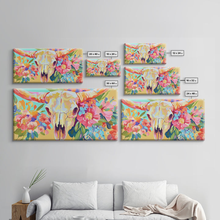 Floral Longhorn Skull With Pink Blooms Wall Art, Western Canvas Print, Cowgirl Decor, Boho Southwestern Housewarming Gift