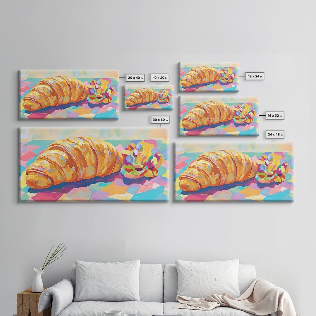 Golden Croissant And Macaron Wall Art, French Bakery Canvas Print, Cafe Kitchen Decor, Food Art Print, Sweet Gift For Baker