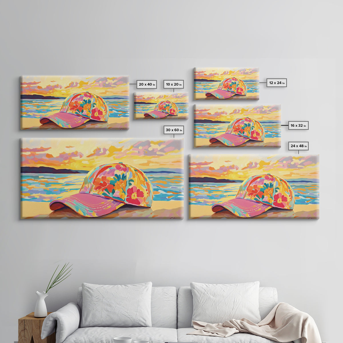 Floral Baseball Cap Wall Art, Beach Sunset Canvas Print, Coastal Cowgirl Decor, Ocean Wall Art, Summer Gift For Her, Beach House Decor