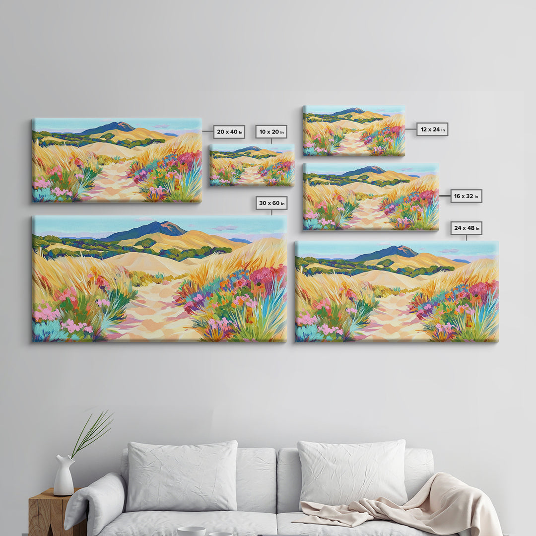 Golden Dune Path Canvas Print, Wildflower Landscape Wall Art, Coastal Desert Decor, Mountain Wall Art, Large Horizontal Art