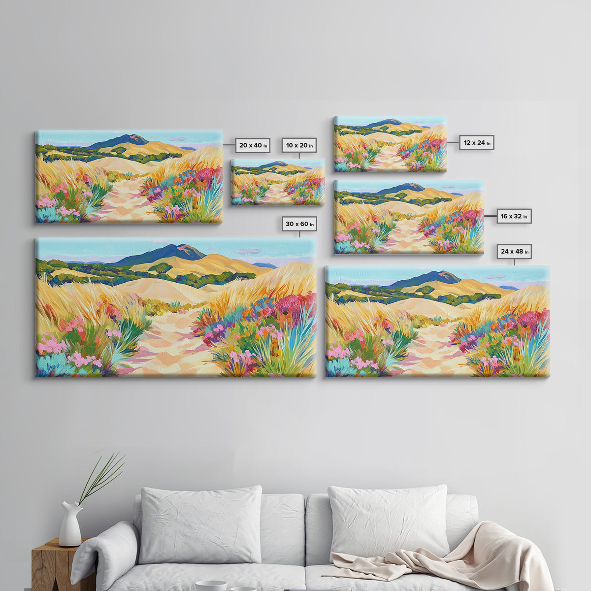 Golden Dune Path Canvas Print, Wildflower Landscape Wall Art, Coastal Desert Decor, Mountain Wall Art, Large Horizontal Art