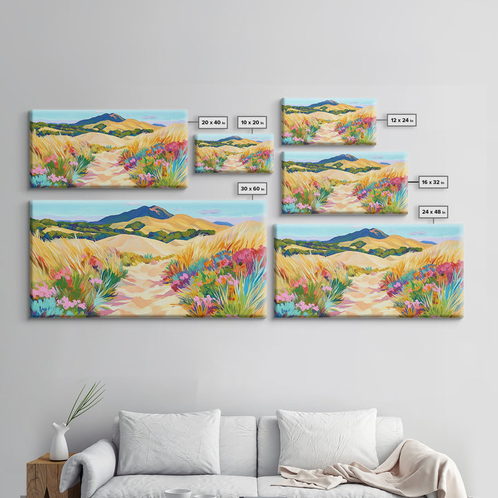 Golden Dune Path Canvas Print, Wildflower Landscape Wall Art, Coastal Desert Decor, Mountain Wall Art, Large Horizontal Art