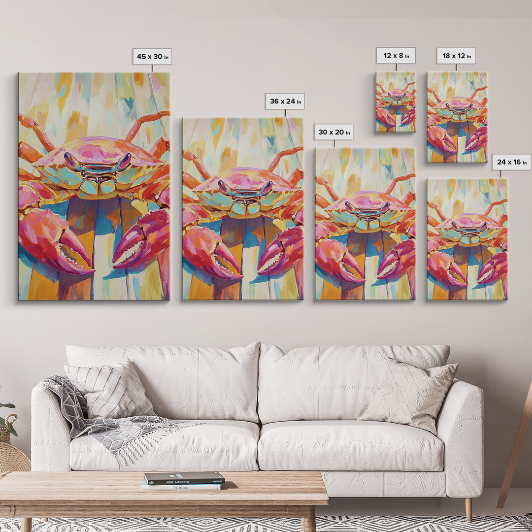 Vibrant Pink Crab On Weathered Dock Wall Art, Coastal Canvas Print For Beach House Decor, Ocean Wall Art, Seafood Gift Print
