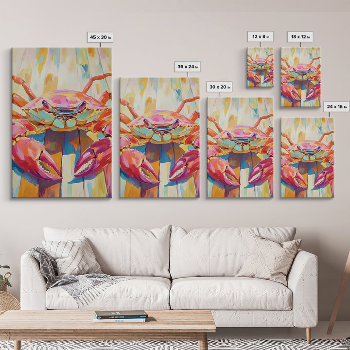 Vibrant Pink Crab On Weathered Dock Wall Art, Coastal Canvas Print For Beach House Decor, Ocean Wall Art, Seafood Gift Print