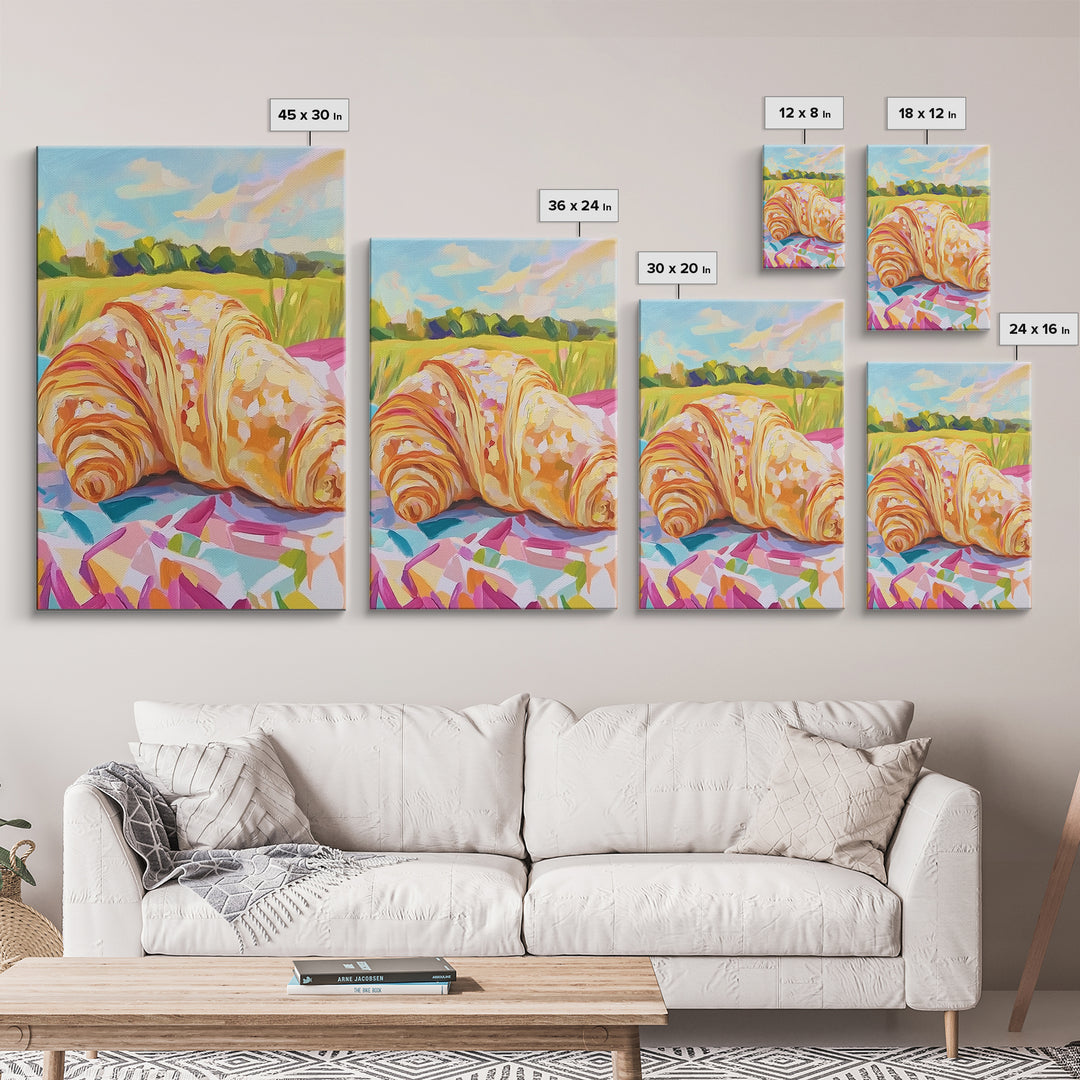 Golden Croissant Picnic In Sunny Field Wall Art, French Bakery Canvas Print For Kitchen Decor, Cafe Art Print, Foodie Gift