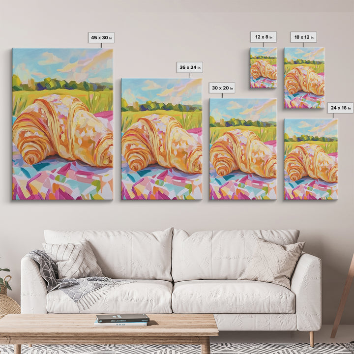 Golden Croissant Picnic In Sunny Field Wall Art, French Bakery Canvas Print For Kitchen Decor, Cafe Art Print, Foodie Gift