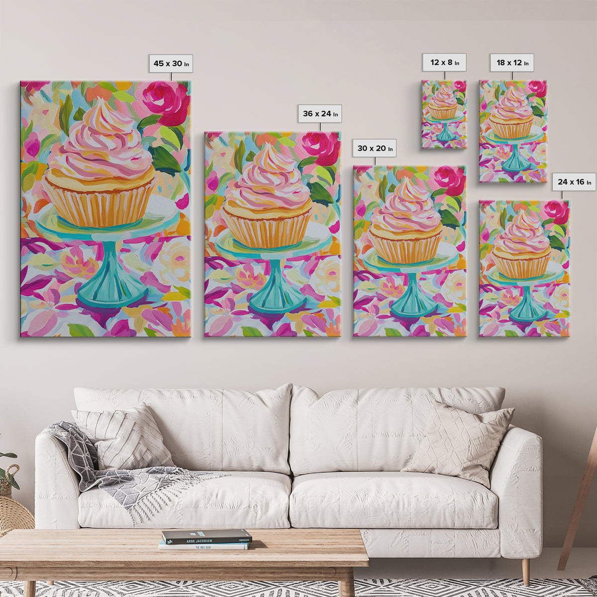 Pink Cupcake On Turquoise Cake Stand Wall Art, Cute Bakery Canvas Print For Kitchen Decor, Girls Room Art, Gift For Baker