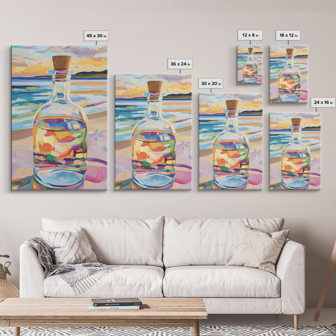 Glass Bottle At Sunset Beach Wall Art, Coastal Canvas Print For Ocean Decor, Seascape Art, Beach House Decor Gift For Her