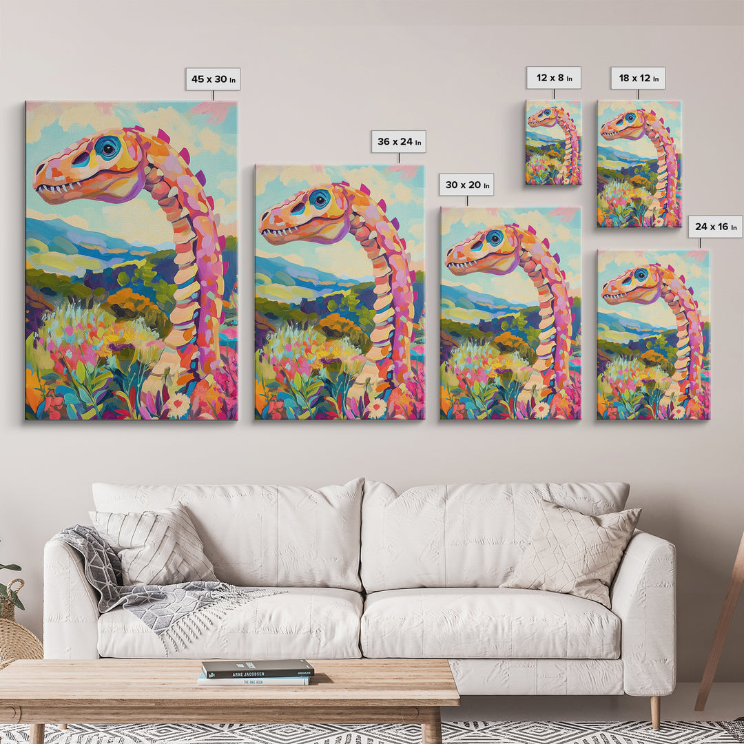 Whimsical Dinosaur In Colorful Hills Framed Canvas Print, Kids Room Wall Art, Nursery Decor, Fantasy Landscape Art Gift Idea