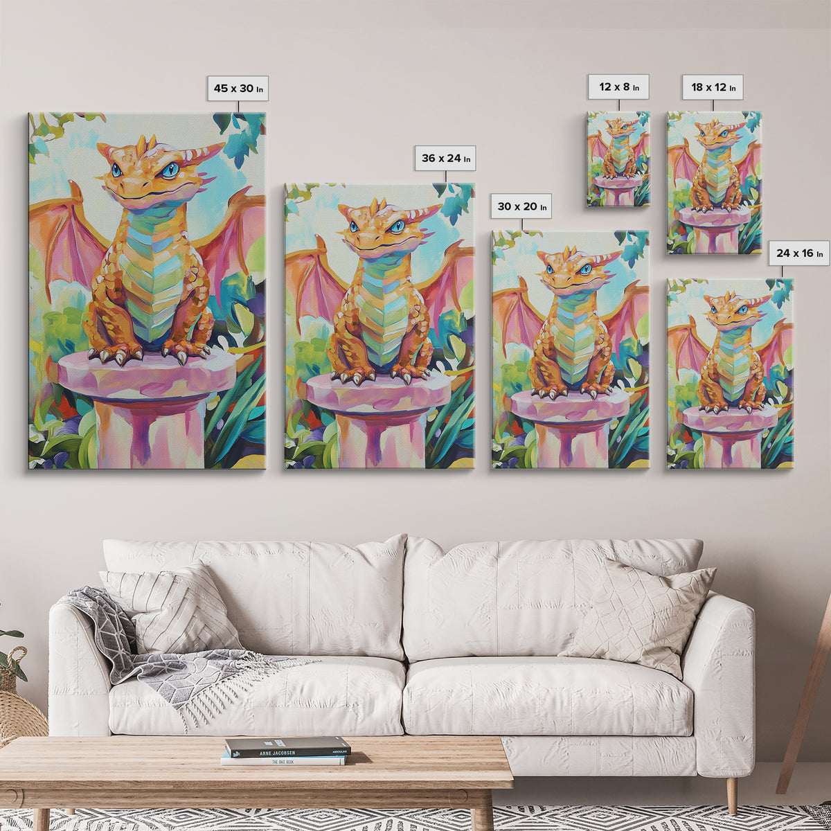 Cute Baby Dragon On Pedestal Canvas Print, Fantasy Wall Art, Whimsical Nursery Decor, Kids Room Art Gift For Dragon Lovers