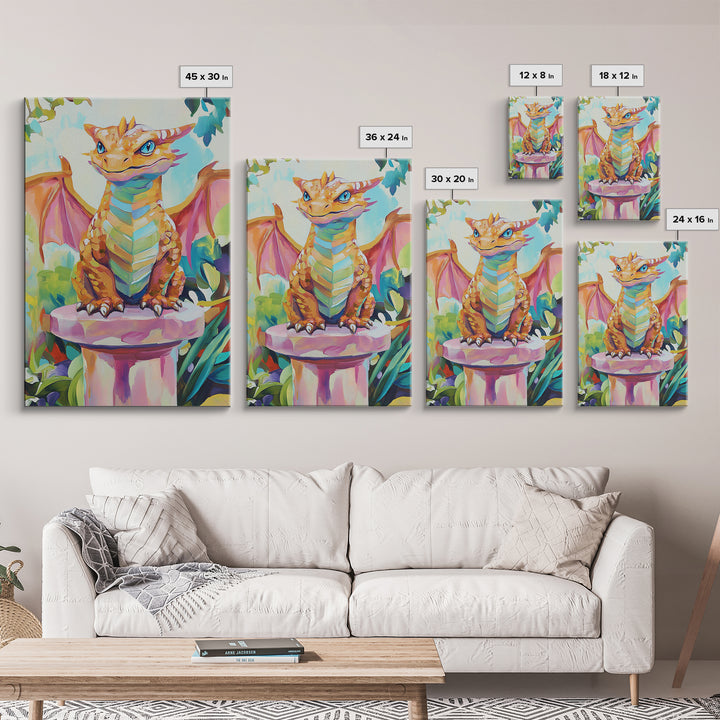 Cute Baby Dragon On Pedestal Canvas Print, Fantasy Wall Art, Whimsical Nursery Decor, Kids Room Art Gift For Dragon Lovers