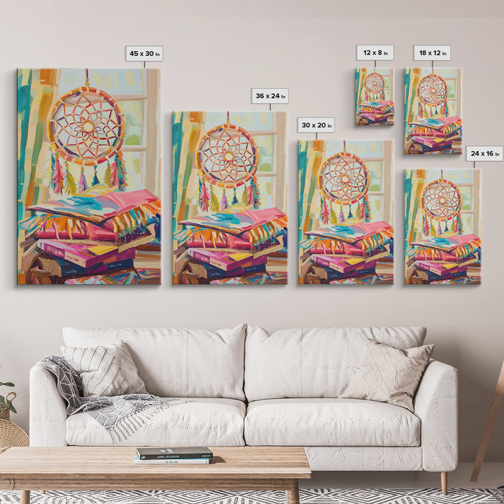 Boho Dreamcatcher And Stacked Books By Window Canvas Print, Whimsical Wall Art, Reading Nook Decor, Colorful Bedroom Art