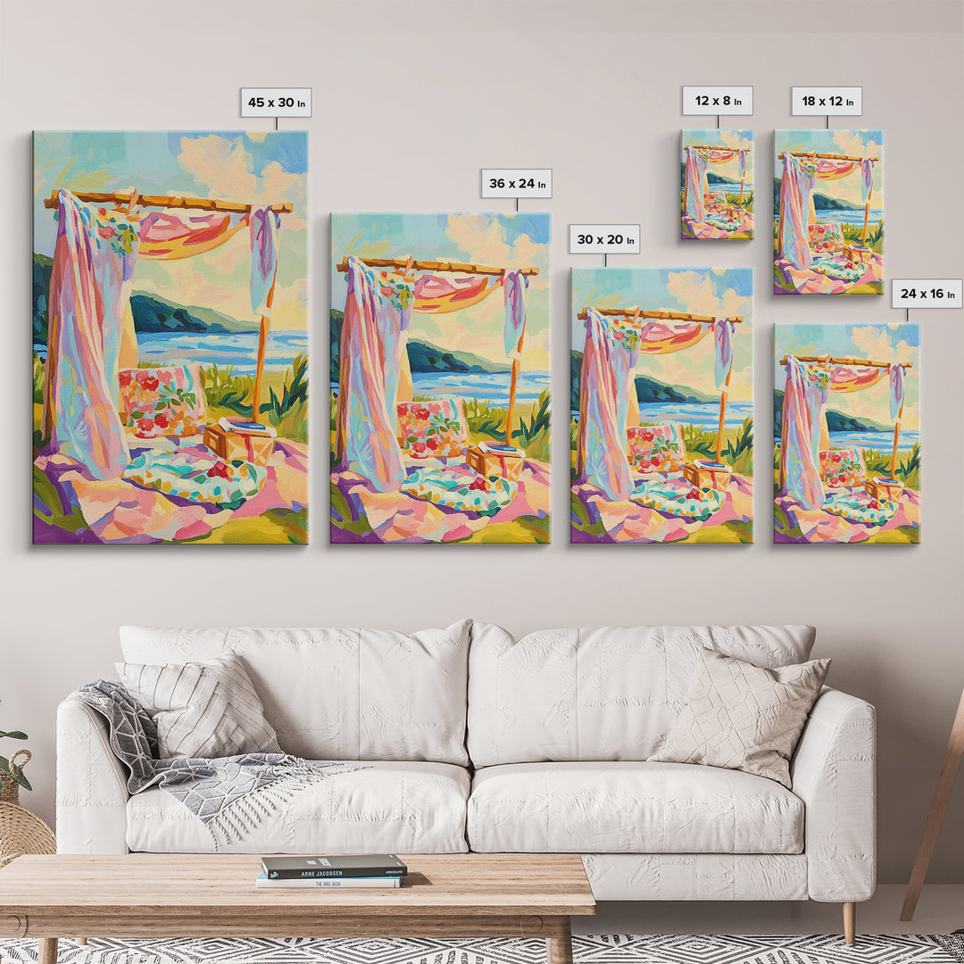 Sunny Beach Cabana Picnic Canvas Print, Coastal Wall Art, Tropical Beach House Decor, Summer Ocean Landscape, Gift For Her
