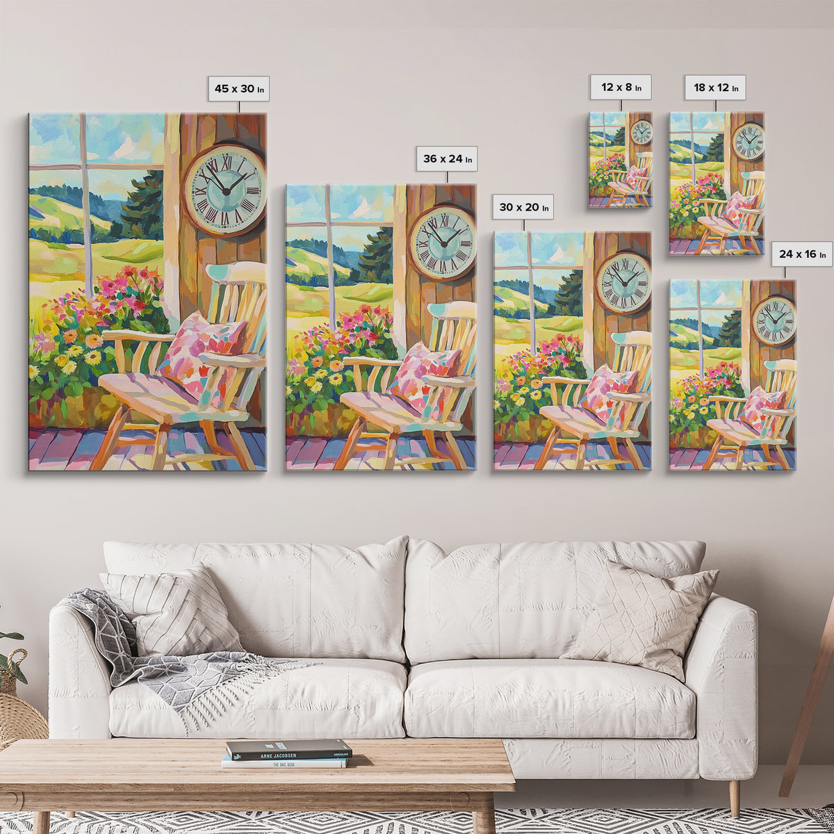 Sunlit Porch Rocking Chair Canvas Print, Country Wall Art, Farmhouse Decor, Floral Landscape Art, Cozy Living Room Decor Gift