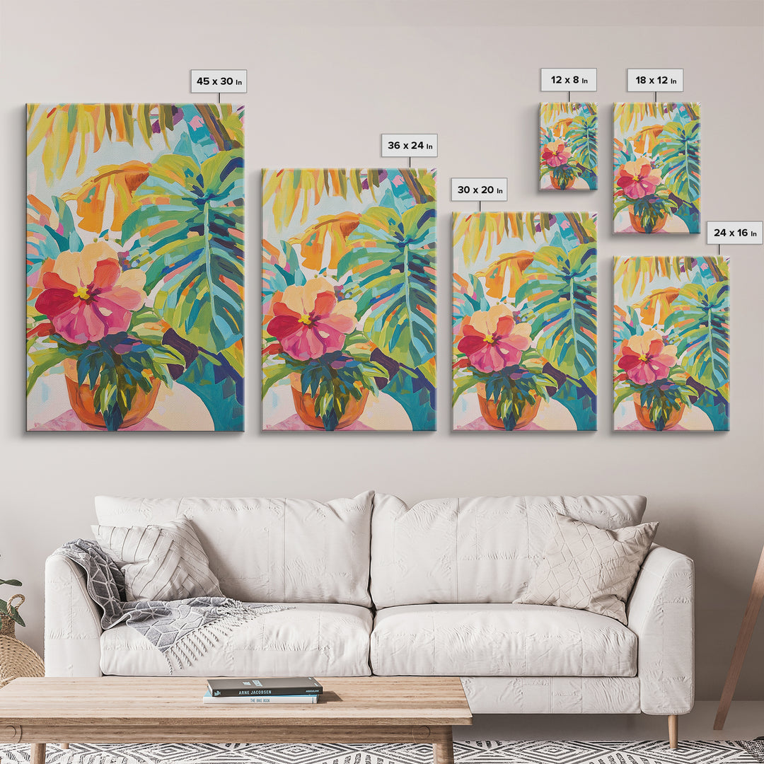 Pink Hibiscus And Monstera Tropical Wall Art, Colorful Botanical Canvas Print, Coastal Boho Living Room Decor, Housewarming Gift