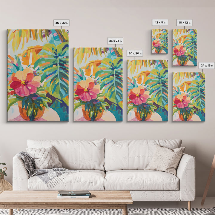 Pink Hibiscus And Monstera Tropical Wall Art, Colorful Botanical Canvas Print, Coastal Boho Living Room Decor, Housewarming Gift