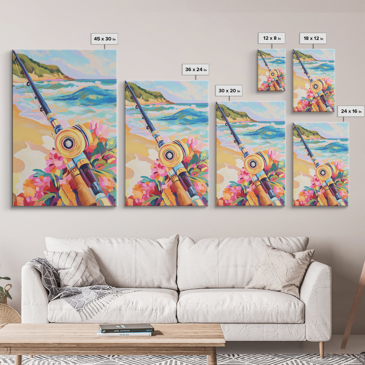 Beach Fishing Rod And Tropical Flowers Canvas Print, Coastal Wall Art, Ocean Wall Decor, Gift For Him, Beach House Decor