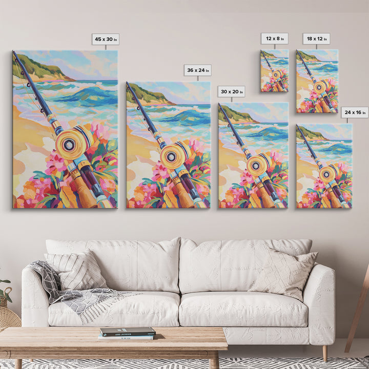 Beach Fishing Rod And Tropical Flowers Canvas Print, Coastal Wall Art, Ocean Wall Decor, Gift For Him, Beach House Decor