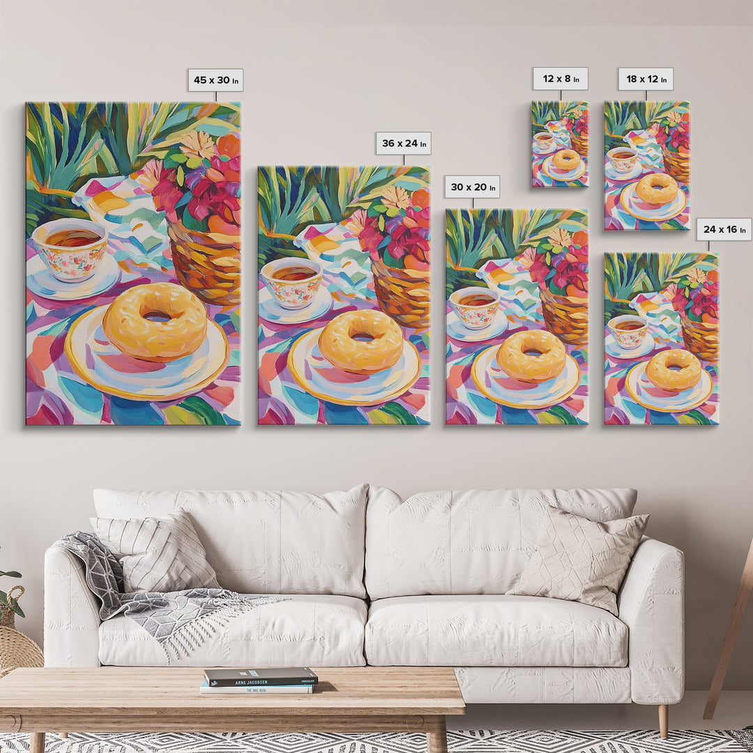 Tea Cup And Glazed Donut Garden Picnic Canvas Print, Kitchen Wall Art, Coffee Bar Decor, Whimsical Food Art, Gift For Her