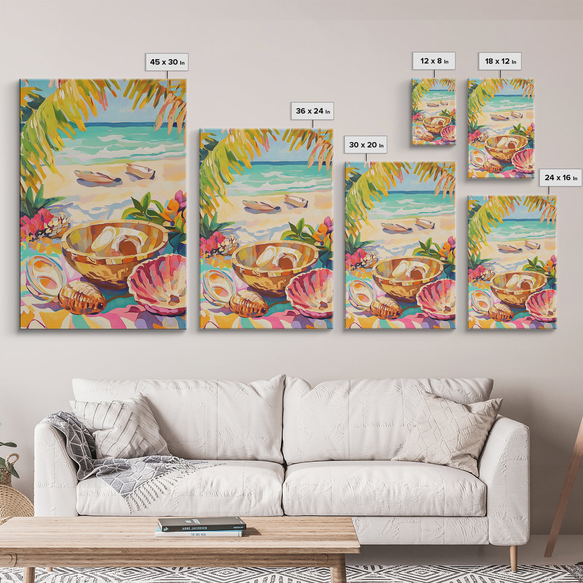 Tropical Seashell Bowl Canvas Print, Coastal Wall Art, Beach House Decor, Ocean Art Print, Summer Living Room Decor, Gift For Her