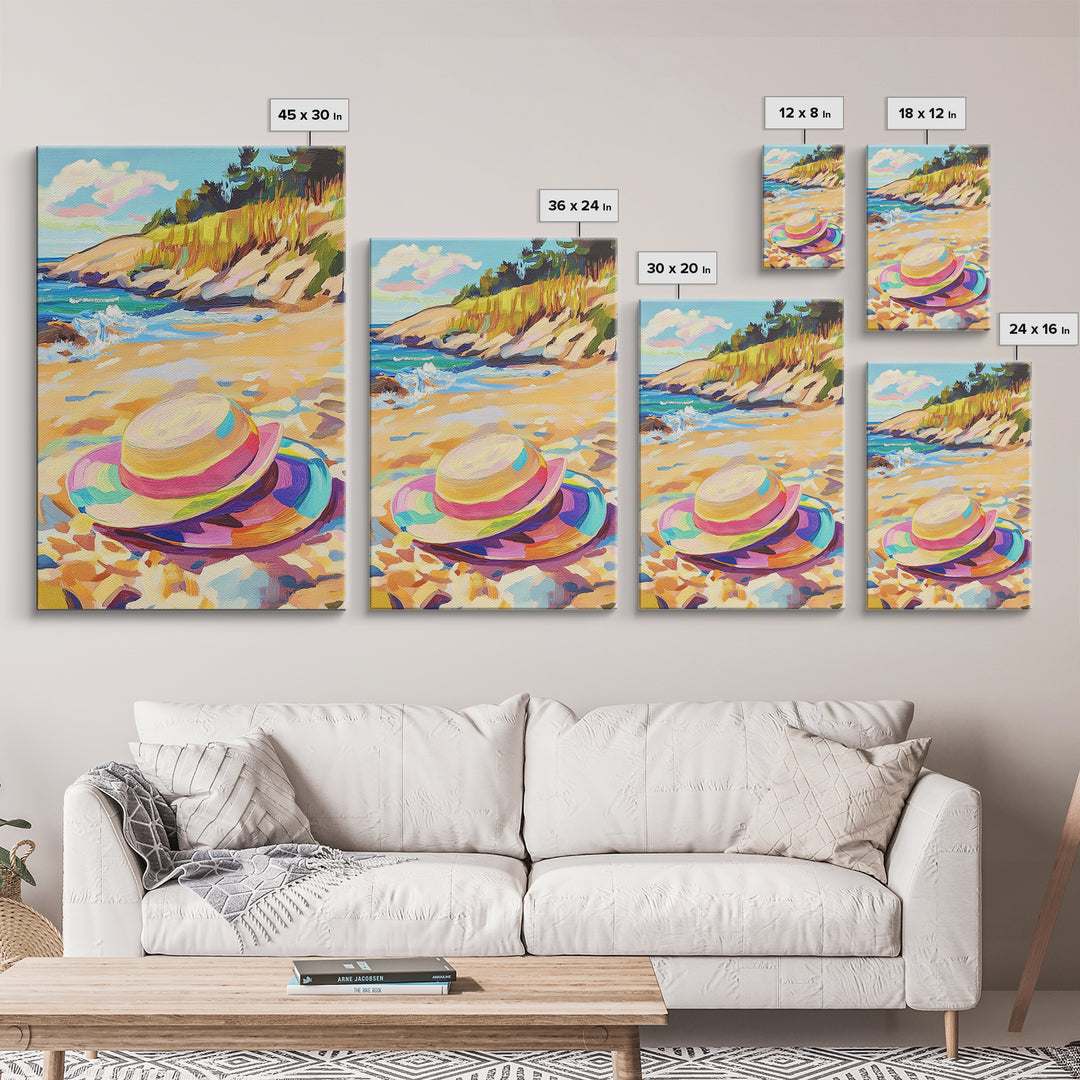 Striped Beach Hat On Shore Canvas Print, Coastal Wall Art, Summer Beach House Decor, Ocean Landscape Art, Gift For Her, Seaside Wall Decor